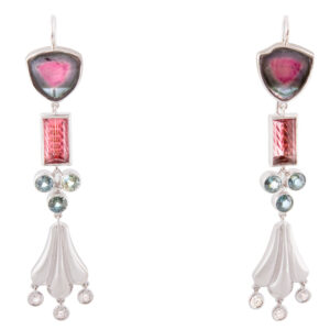 Decorative White Gold Earrings with Tourmaline and Sapphires
