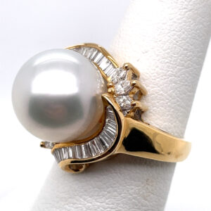Pearl Ring With Baguette and Marquise Diamonds in 18KYG