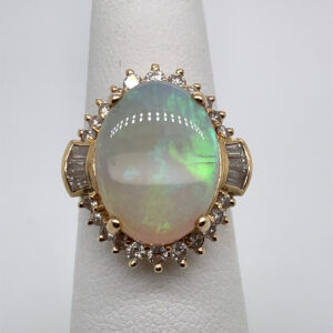 Opal Ring With Tapered Baguette & Round Diamonds in 14KYG