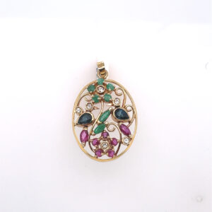 Floral Pendant with Sapphire, Ruby, Emerald and Diamond in 14KYG