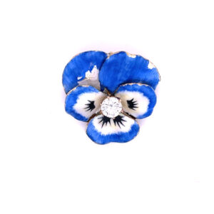 Enamel Blue Pansy Brooch with Center Diamond in 18KYG