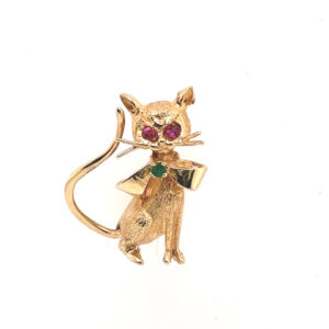 Ruby and Emerald Cat Brooch in 14KYG