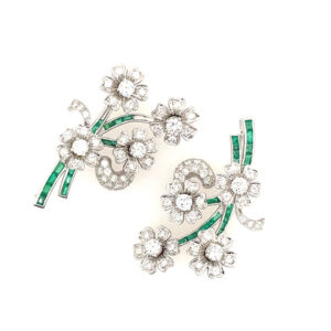 Two-Piece Spinning Flower Diamond and Emerald Brooch in Platinum