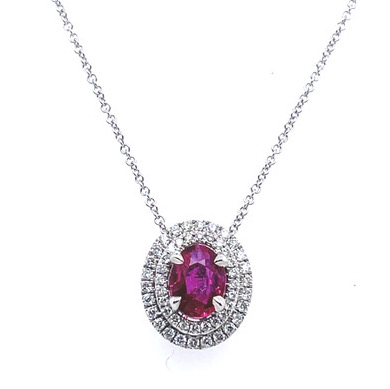Ruby Necklace with Diamond Double Halo in 14KWG - Beje Diamonds
